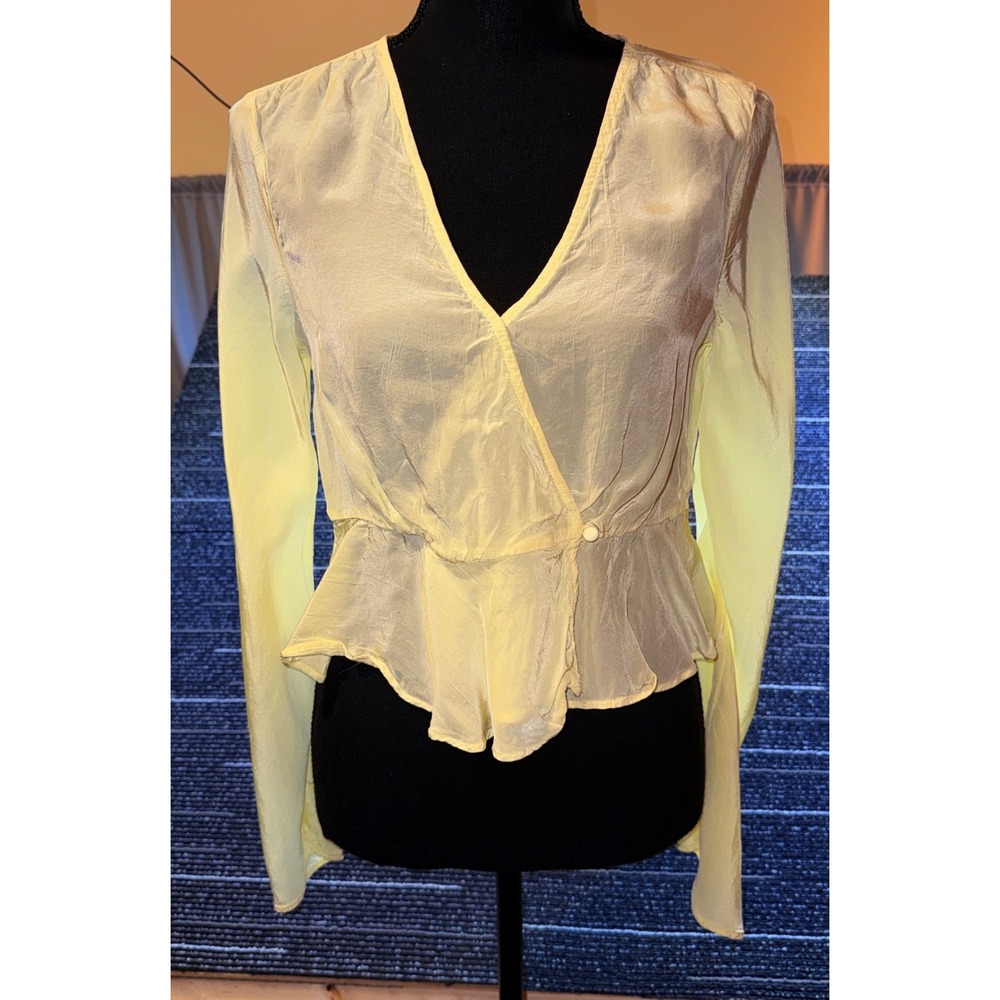 Madewell Wrap Top Women Sz2 Yellow NWOT Peplum Long Sleeve V-Neck Viscose Blouse